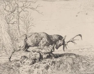 Cerf combattant un loup, d