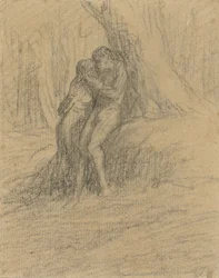Couple de paysans amoureux sous un grand arbre