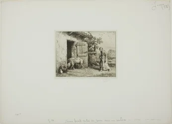Femme ramenant ses cochons à la maison