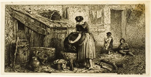 Femme lavant des pots, avec des enfants