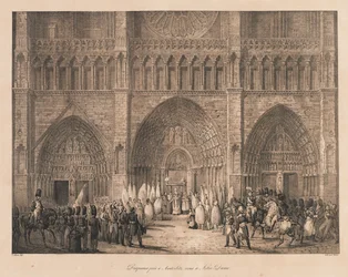 Drapeaux pris à Austerlitz reçus à Notre Dame, début du 19ème siècle (lithographie)