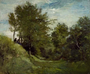 Paysage avec des figures assises sur une berge, fin des années 1870