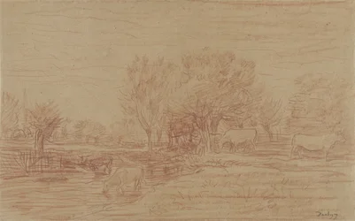 Paysage avec vaches paissant et buvant et un taureau observant