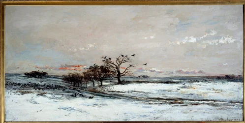 Paysage enneigé au coucher du soleil