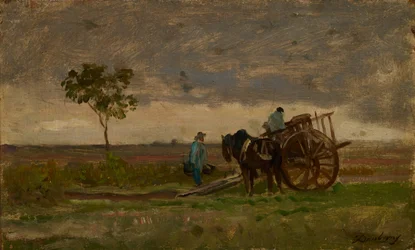 Vaste paysage avec charrette de paysans