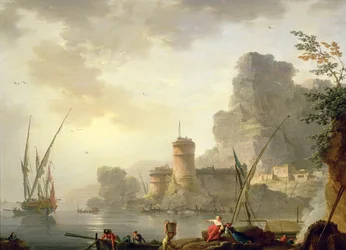 Scène de port méditerranéen au coucher du soleil