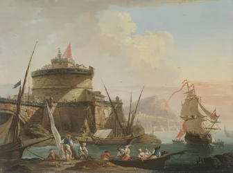 Scène de port au coucher du soleil