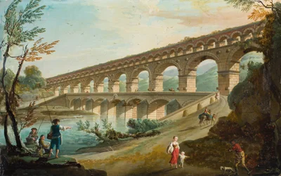 Paysage fluvial avec personnages sur une route près d