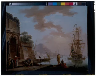 Un port méditerranéen avec des orientaux conversant sous une arche romaine antique
