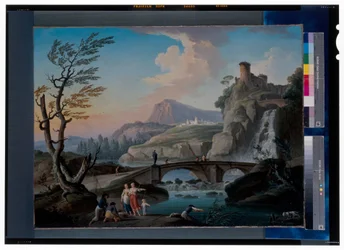Un paysage fluvial avec des pêcheurs tirant leurs filets, un paysage rocheux et un pont au-delà