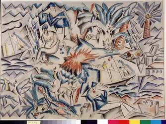 Paysage méditerranéen avec bateaux, animaux, végétation (palmier) et personnages