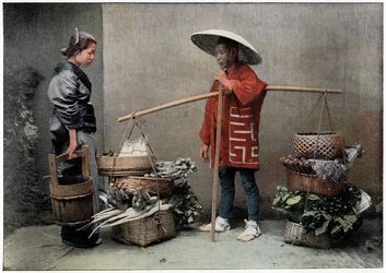 Marchand de légumes au Japon, vers 1890