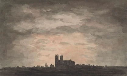 Une grande église (Abbaye de Westminster) au coucher du soleil