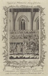 Sir John Dimmock Effectuant la Cérémonie du Défi des Champions lors du Couronnement de Richard II dans le Hall de Westminster, 1377