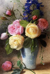 Roses et dauphinelles dans un vase. Peinture de Charles Henry Slater (1820-1890) Collection privee.