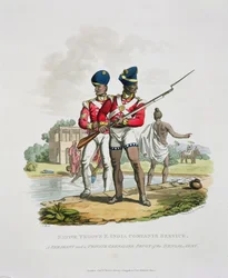 Troupes indigènes au service de la Compagnie des Indes orientales : un sergent et un grenadier sepoy du Bengale, gravé par Joseph Constantine Stadler, 1815