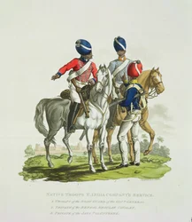 Troupes indigènes au service de la Compagnie des Indes orientales : un cavalier de la garde du corps du gouverneur général, un soldat de la cavalerie régulière du Bengale et un soldat volontaire de Java, gravé par Joseph