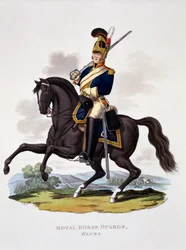 Uniforme des Royal Horse Guards « The Blues », tirée de « Costume of the British Empire, according to the Last Regulations », publié en 1812-15