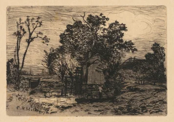 Cottage et deux personnages dans une barque