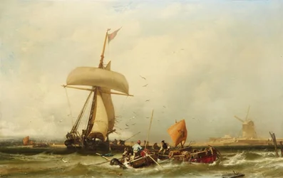 French : Vue de la côte hollandaise avec un voilier et des bateaux Dutch Coastal View with Sailing Ship and Boats