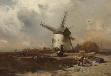 Paysage avec moulin à vent et figures décoratives