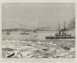 La perte du HMS Victoria, la scène après le naufrage du navire, des bateaux récupérant les survivants du navire amiral
