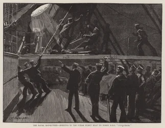Les manœuvres navales, hissage du bateau à vapeur à bord du HMS Conqueror