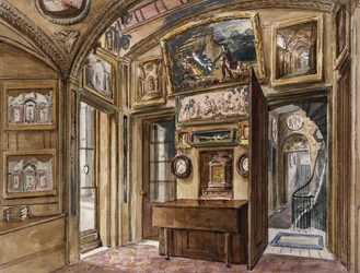 La salle du petit déjeuner du Sir John Soane’s Museum, au 13 Lincoln’s Inn Fields, vue vers le sud sur le hall et l’escalier