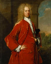 Portrait du colonel William Forward, M.P., en trois-quarts, en manteau et gilet rouges et cravate blanche, près d