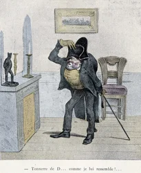 Tonnerre de D... comme je lui ressemble!... Caricature de Travies datant du 19e siècle représentant un homme se comparant à une statuette de Napoléon.
