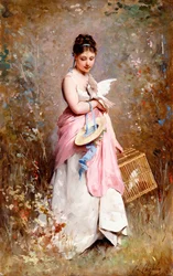 Jeune fille avec des colombes