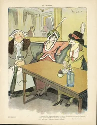 Illustration de Chas-Laborde (1886-1941) dans Le Sourire, no 9, 27/02/13 - Affaires - Restaurants Cafés, Mode, Chapeau - Cupidité, Avarice - Femmes