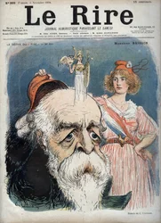 Eugène Henri Brisson (1835-1912), avocat, journaliste et homme politique français - Marianne soulève un bonnet rouge de la tête de Brisson et de sa tête semble surgir la déesse Athéna avec tous ses attributs - caricature de Charles Léandre (1862-1934) dans