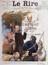 Première Guerre mondiale (1914-1918) : Caricature sur la promotion du prêt de guerre, source de revenus pour les profiteurs enrichis par le commerce du charbon, des munitions et du bétail - Dessin de Charles Léandre (1862-1934), pour la couverture de Le Ri