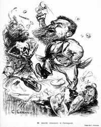 Jean Jaurès dansant et chantant la Carmagnole sur une table de banquet (présumé ivre) image dans Le Rire n°105 du 7 novembre