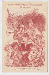 Carte postale, Satirique en Couleurs : Ligue fraternelle des enfants de France - Guerre de 14-18, Enfance, Journées patriotiques Illustration de Charles Léandre (1862-1934)