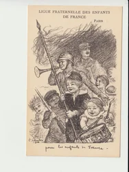 Carte postale, Satirique en N & B : Ligue fraternelle des enfants de France - Guerre de 14-18, Musique, Enfance, Ligue fraternelle des enfants de France - Illustration de soldats par Charles Léandre (1862-1934)
