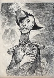 Les acteurs de la grande comédie dreyfusienne - Portrait de Raoul Le Mouton de Boisdeffre (Général de Boisdeffre) (1839-1919), militaire français - caricature de Charles Léandre (1862-1934) dans « Le Rire » 1898
