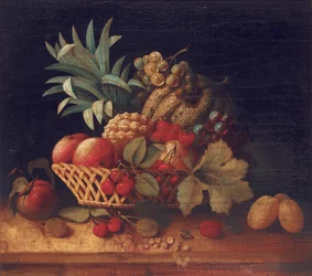 Raisins, prunes, cerises, pêches, une pomme, un ananas et un melon, dans un panier en osier