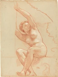Une femme nue assise sur un rebord