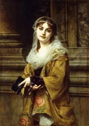 Une jeune femme devant une église