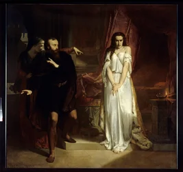 Lady Macbeth. Illustration pour la pièce « Macbeth » de William Shakespeare. Une femme en chemise de nuit est humiliée par une autre femme devant un homme effrayé. Peinture de Charles Louis Muller (1815-1892), 1848, Amiens, Musée de Picardie.