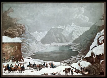 Napoléon Bonaparte (1769-1821) au col du Grand-Saint-Bernard, 20 mai 1800, gravé par Merou