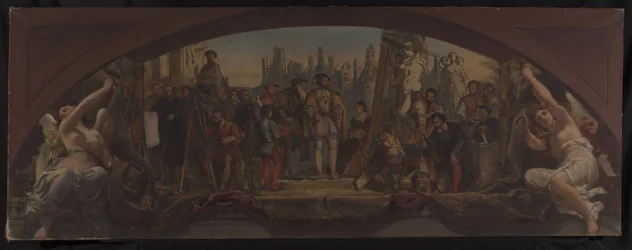 Esquisse pour le pavillon Denon au Louvre : Les quatre âges de la vie artistique en France - Présentation à François Ier des plans du Château de Fontainebleau