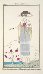 Robe de linon à haut volant de broderie anglaise perle souliers noir et blanc, Planche 5, Costumes Parisiens publié dans Journal des Dames et des Modes, 1912