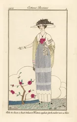 Femme en robe de lin avec dentelle anglaise perlée, chaussons noirs et blancs