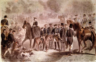 Napoléon III : Rendez-vous de chasse au Puits du Roi près de la forêt de Compiègne lors du séjour du roi Guillaume III (1817-1890). Gravure colorée par C. Maurand et G. Janet d