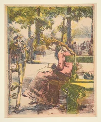 Jeune fille sur un banc, cousant