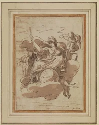 Figure féminine allégorique, assise sur des nuages