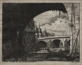 Eaux-fortes de Paris : une arche du pont Notre-Dame